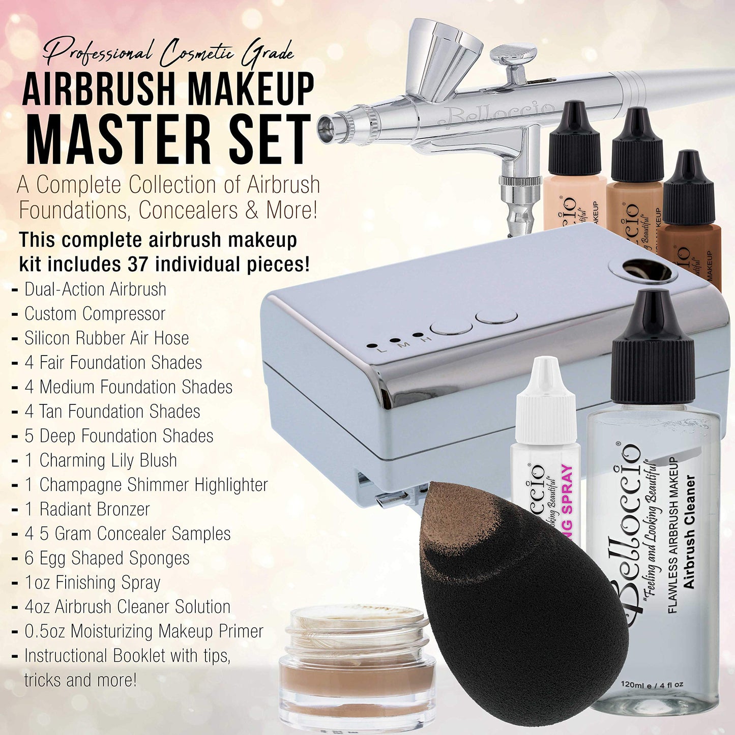 Complete Professional Belloccio Airbrush Cosmetic Makeup System with a MASTER SET of All 17 Foundation Color Shades in 1/4 oz Bo