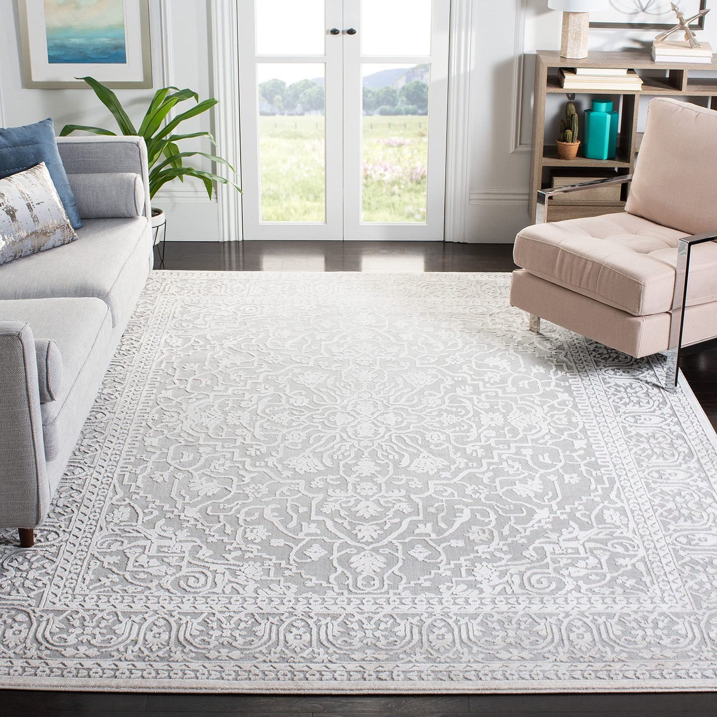 SAFAVIEH Area Rug 8x10 - Reflection Collection - Large - Light Grey & Cream, Non-Shedding & Easy Cleaning, Ideal for Living Room, Bedroom, Dining Space (RFT670C)
