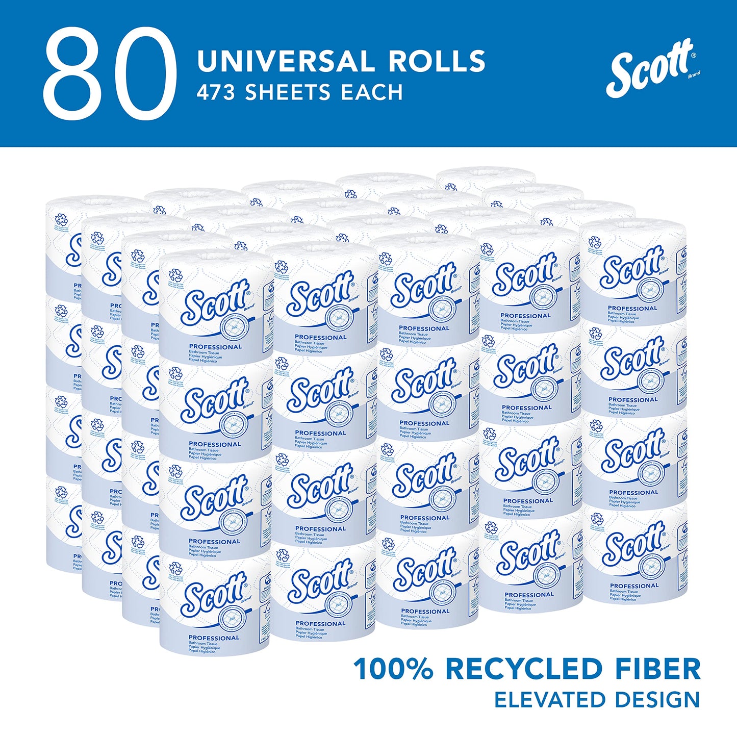 Scott Professional 100% Recycled Fiber Standard Roll Bulk Toilet Paper (13217), 2-Ply, Elevated Design, White, Individually Wrapped (80 Rolls of 473 Sheets, 37,840 Sheet Total)