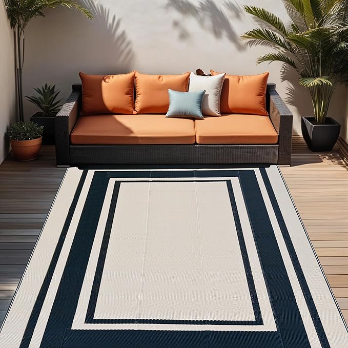RURALITY Outdoor Rugs 8x10 Waterproof for Patios Clearance,Plastic Straw Mats for Backyard,Porch,Deck,Balcony,Reversible,Black and Beige