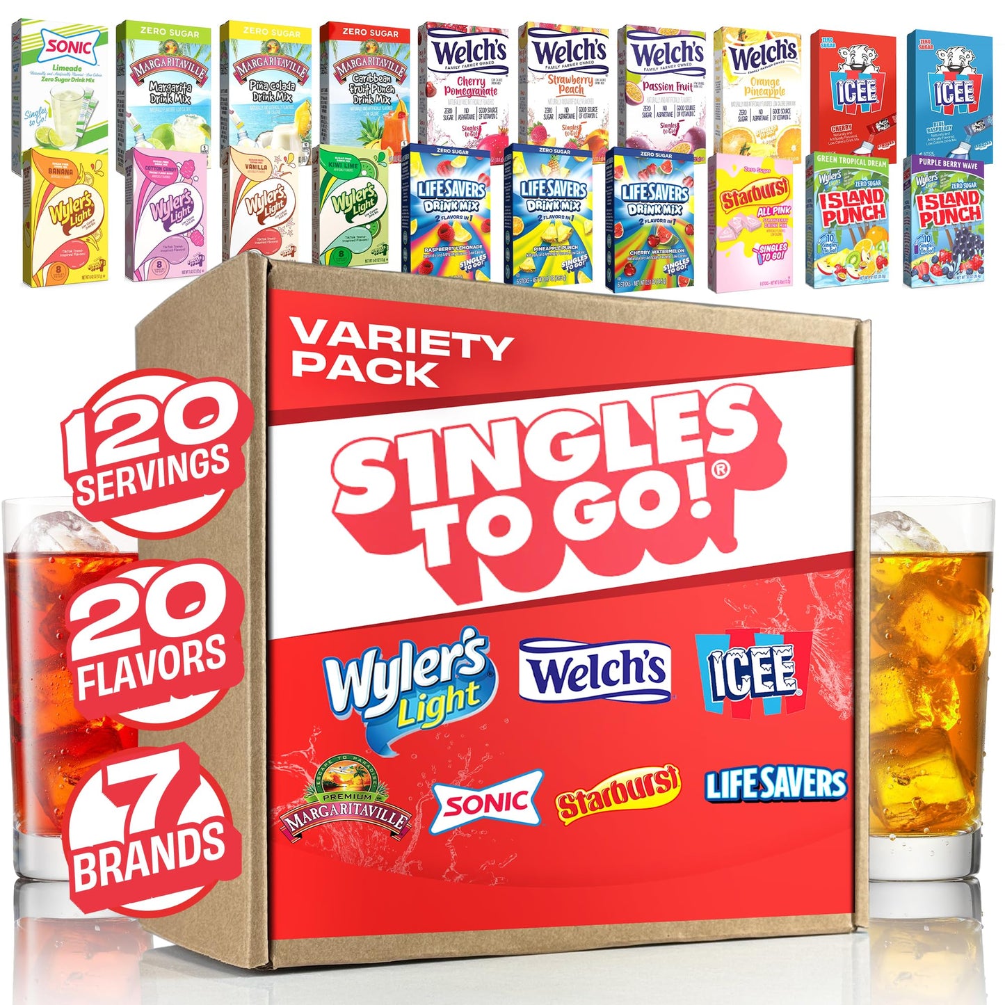 Singles To Go! 120ct Bulk Variety Pack - 20 Different Flavors from Margaritaville  Welchs  Lifesavers  and More - Sugar Free Drink Mix Packets - Sugar Free Water Flavoring Packets - Powdered Drink Mix