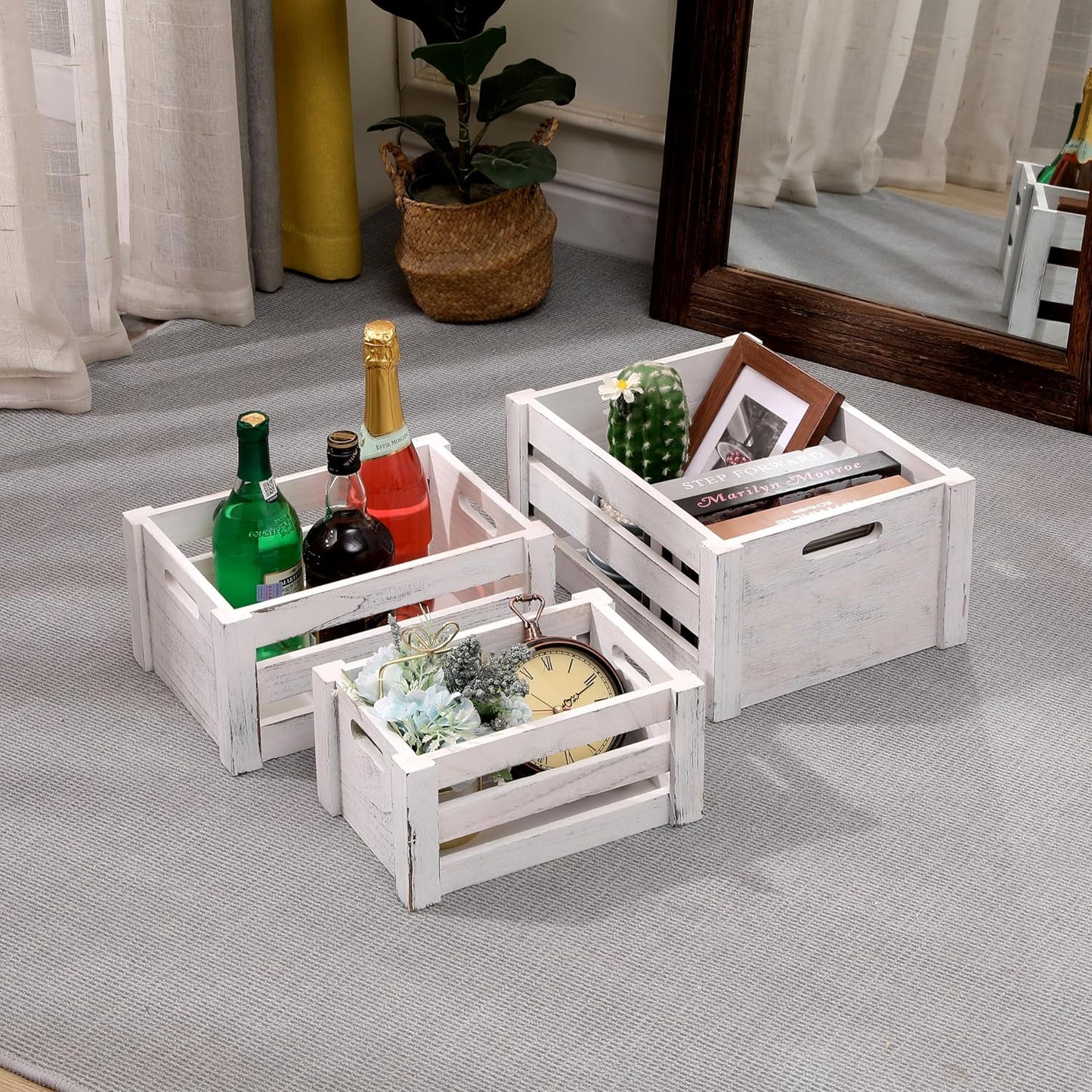 Large Vintage Black Wooden Crates for Display, Set of 3 With Handles, Rustic Handmade Boxes for Storage, Solid Decorative Boxes (Rustic White)