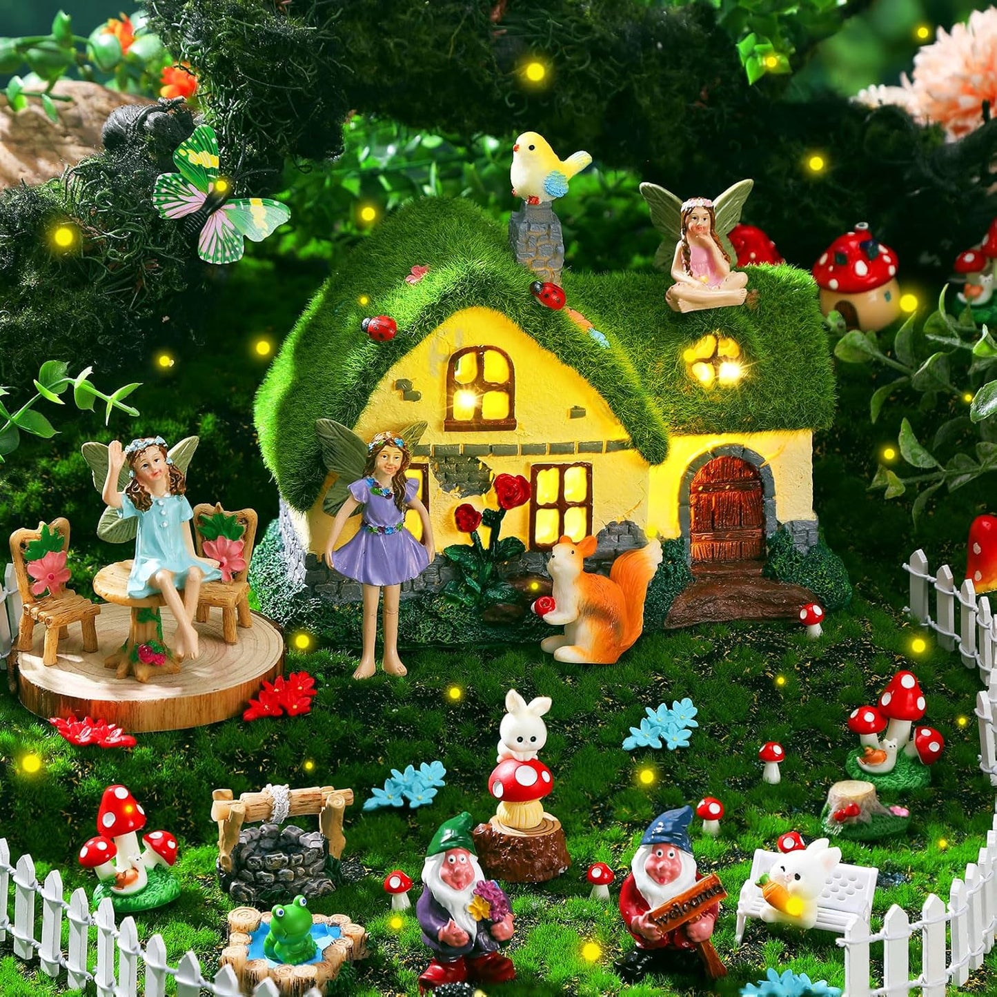 Suzile 50 Pcs Solar Fairy House Garden Accessories Light up Flocked Fairy Figures Garden Kit Green Resin Miniature Mushroom Figures Micro Landscape Ornament (Stone Grass House)