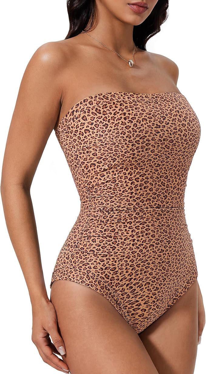 SUUKSESS Women One Piece Tummy Control Swimsuit Strapless Bandeau Bathing Suit