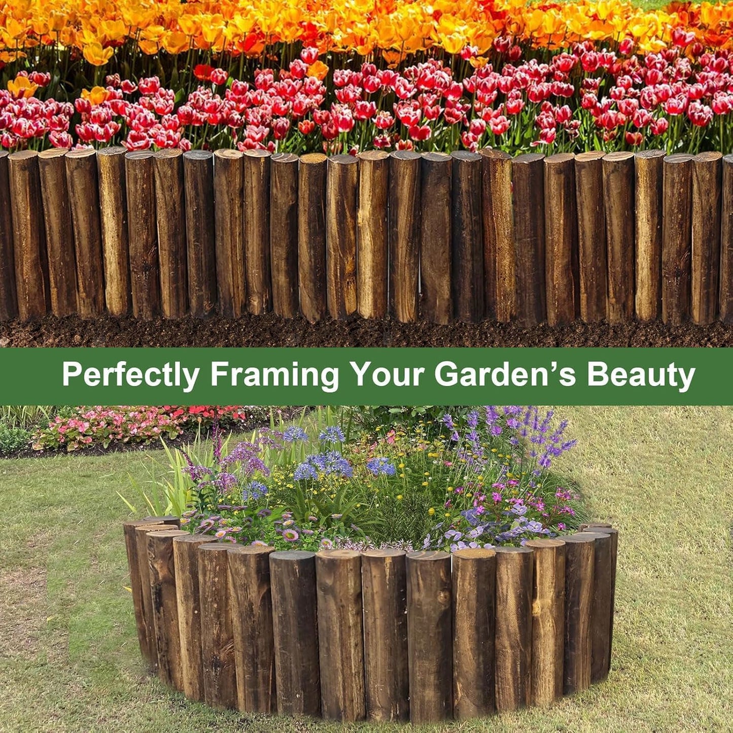 Wood Garden Fence, Natural Wooden Solid Log Edging Border Decorative for Flower Bed Barriers and Landscape Fencing (4PACK)