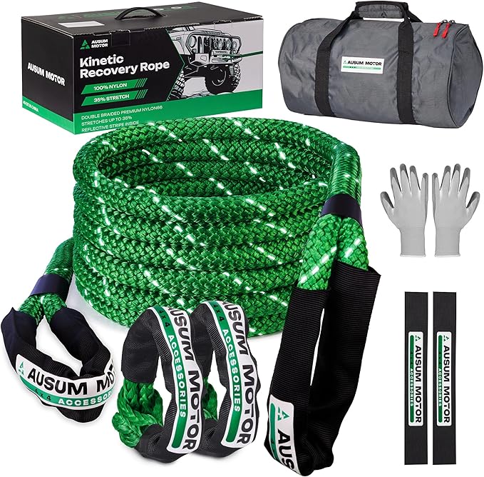 Kinetic Recovery Rope 1in x 20ft, Kinetic Rope Recovery Kit 48,600lbs Break Strength, with 2 Soft Shackles, 35% Elasticit...
