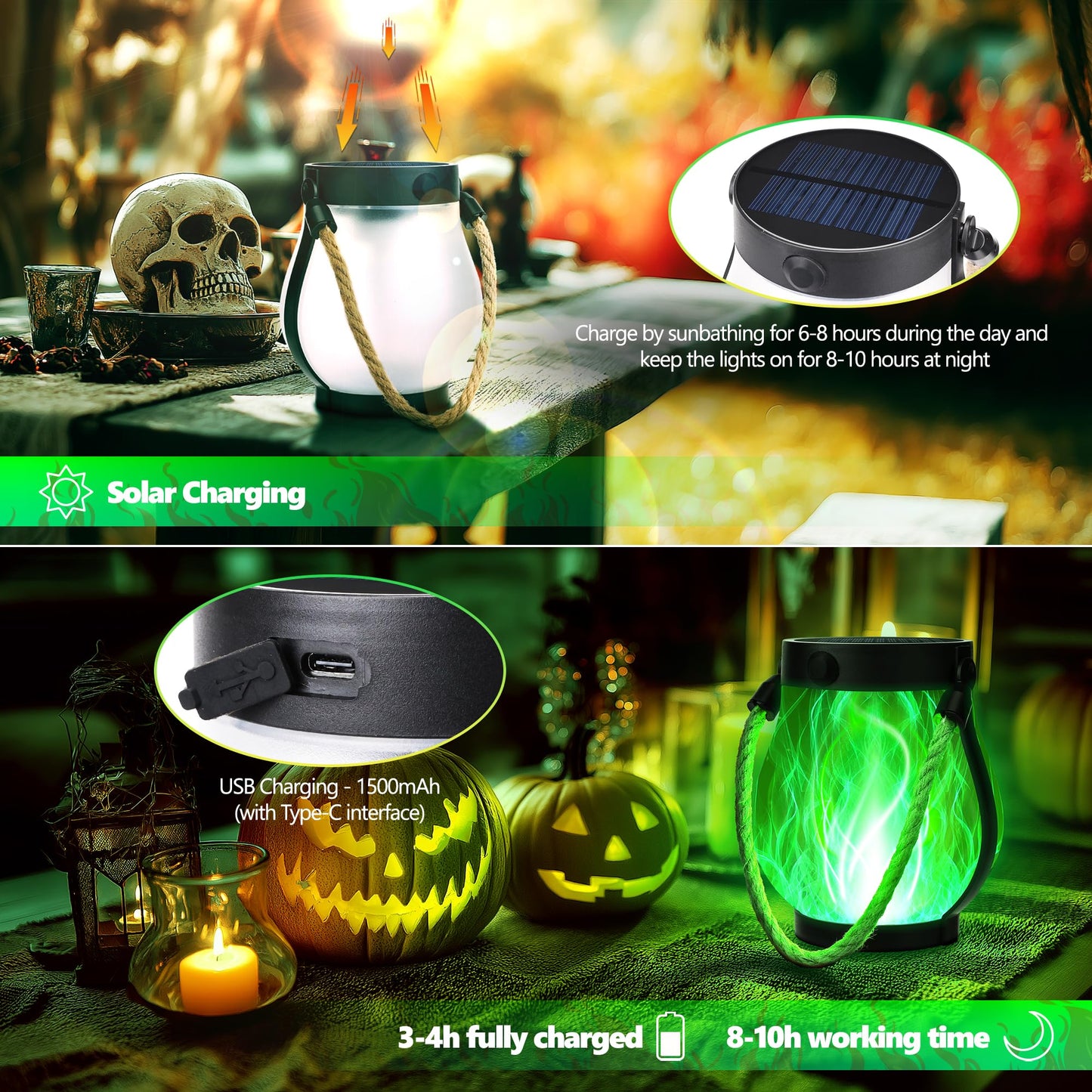 Ibaycon 1 Pack Solar Lanterns Lights  Halloween Flickering Flame Garden Lights With 2 Modes Dual Charging Usb & Solar  Outdoor Waterproof Hanging Lantern For Party Holiday Halloween Decor (Green)