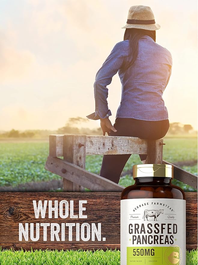 Carlyle Grass Fed Beef Pancreas | 550mg | 200 Capsules | Desiccated Pasture Raised Bovine Supplement | Non-GMO, Gluten Free | by Herbage Farmstead
