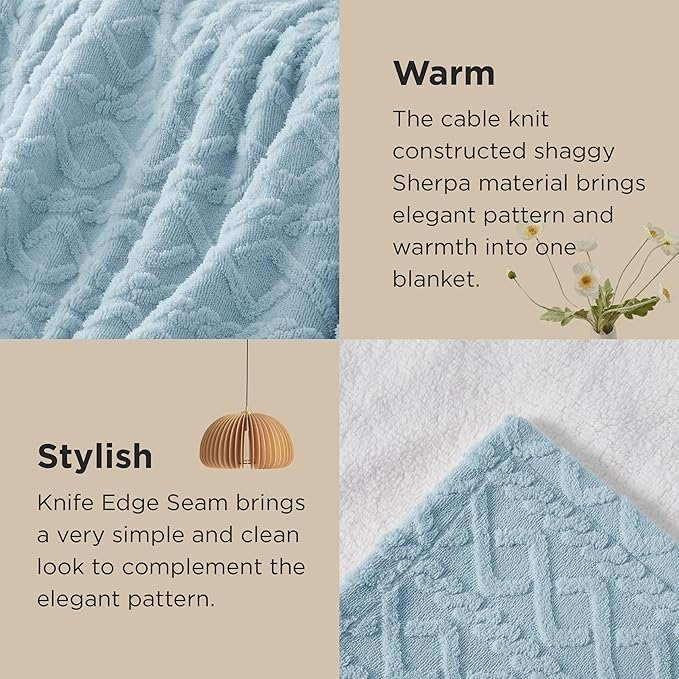 Bedsure Sherpa Queen Size Blanket for Bed - GentleSoft Fleece Fluffy & Cozy Cable Jacquard Tufted for Women Gift, Thick and Warm Blankets for Winter, Blue, 90x90 Inches