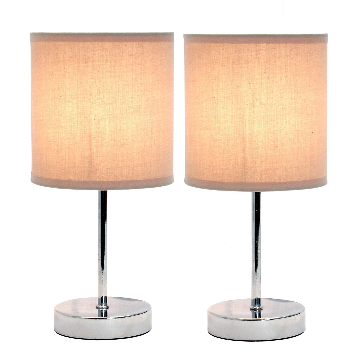 Simple Designs Chrome Mini Basic Table Lamp 2 Pack Set, Fabric Shade, Gray, Model LT2007-GRY-2PK, No Bulb Included