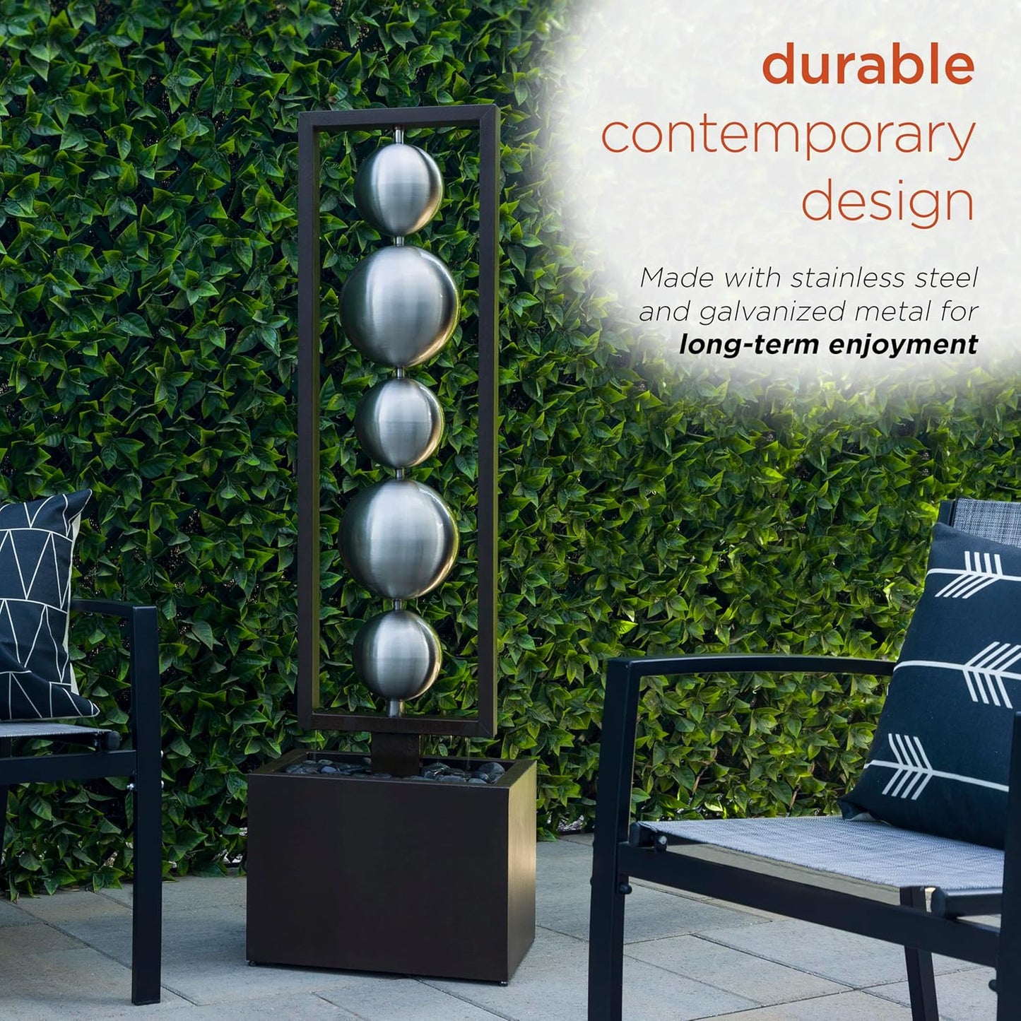 Alpine Corporation Outdoor 55" Modern Stainless Steel Geometric Orbs Water Fountain, Soothing Water Feature for Patios, Gardens, and Outdoor Decor, Brown