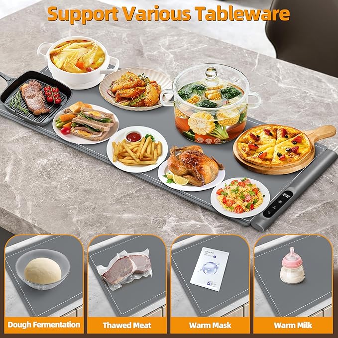 Graphene Food Warming Mat for Countertop - Fast Full Surface Heating, Extra Large (XXL 36”x 16") Electric Warming Trays for Buffets Party with 6 Temp & Timer Settings, Gifts for Mom Wife, Gray