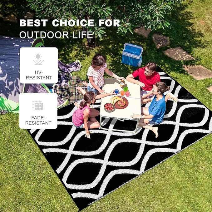 wikiwiki Outdoor Rug, 9x12ft Waterproof Reversible Mat Indoor Outdoor Rugs Carpet, Small Area Rug Plastic Straw Rug for Patio Deck Balcony Pool RV Camping Beach Picnic, Black & White, Rugscape Series