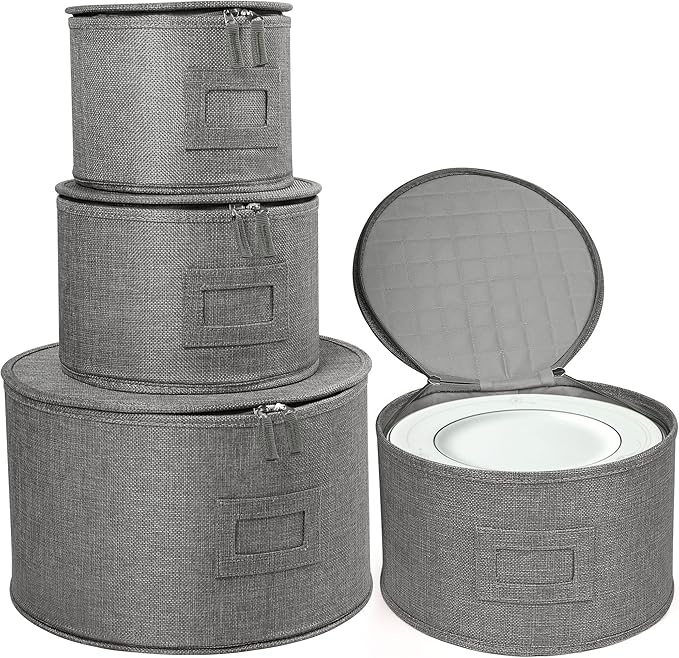 LotFancy China Storage Containers, Hard Shell, 4PCS Set, Dish Storage Box for Moving, Stackable Dinnerware Plate Organizer Bins with 48 Felt Dividers, Grey