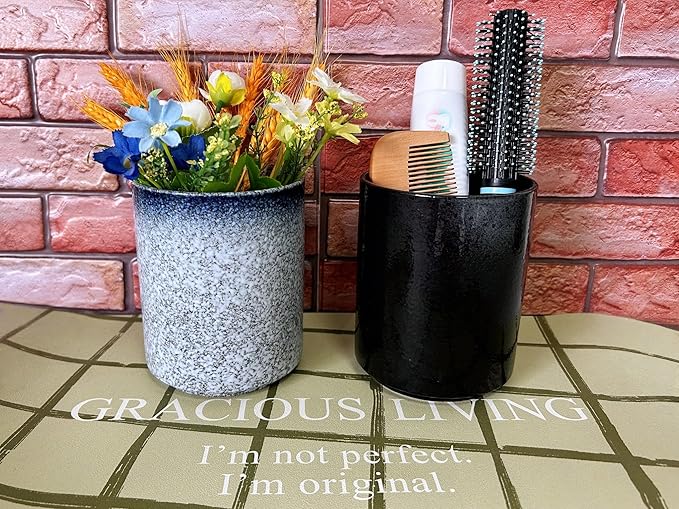 Short Kitchen Utensil Holder for Kitchen Counter Cooking Utensil Holder for Countertop Spatula Holder Small Utensil Crock Cutlery Holder Silverware Caddy Flower Vase (Retro Black)