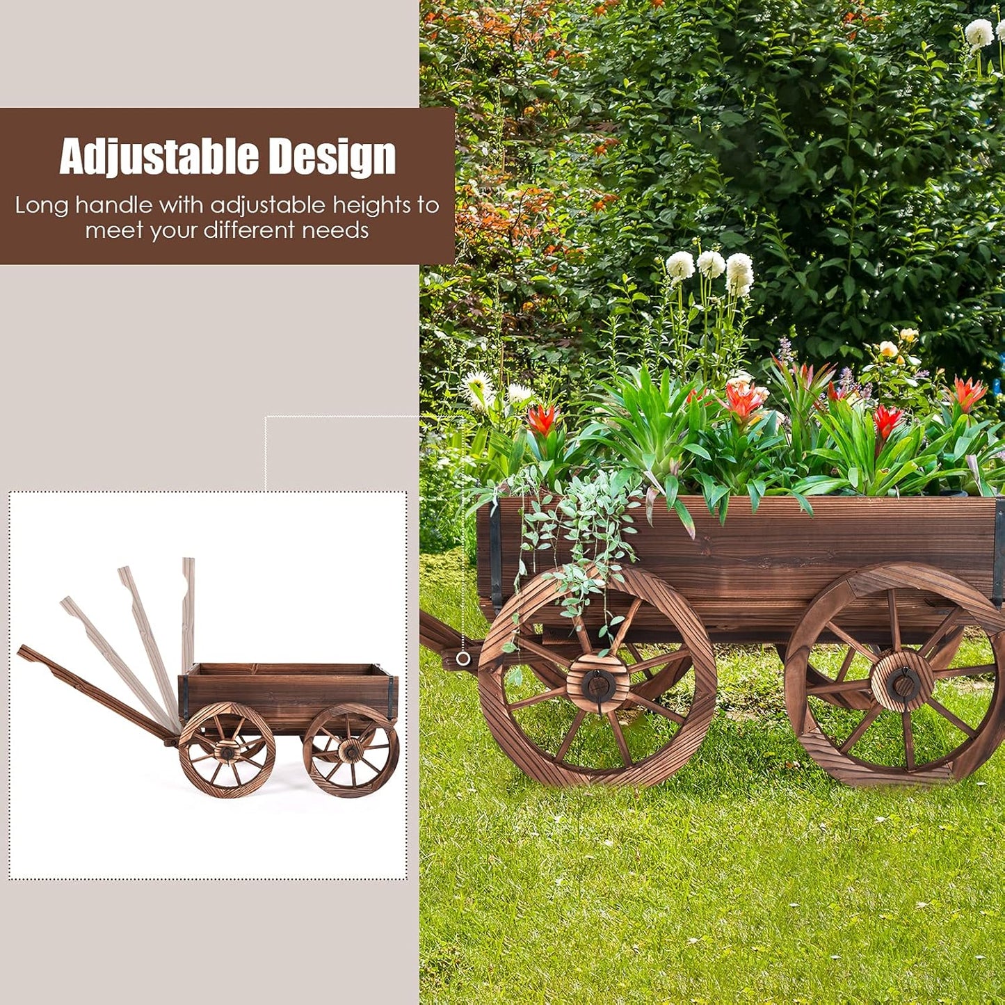 Tangkula Wooden Wagon Planter Box, Decorative Garden Planter w/Wheels, Handle, Drain Hole, Rustic Wooden Flower Cart for Indoor & Outdoor Decor for Patio, Garden, Balcony (29.5" L x 17" W x 21" H)