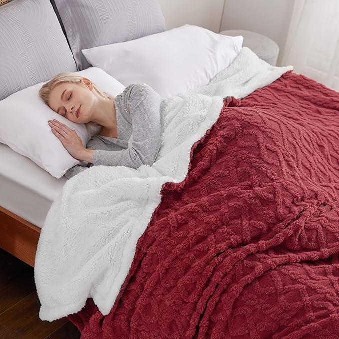 Bedsure Sherpa Queen Size Blanket for Bed - GentleSoft Fleece Fluffy & Cozy Cable Jacquard Tufted for Women Gift, Thick and Warm Blankets for Winter, Red, 90x90 Inches