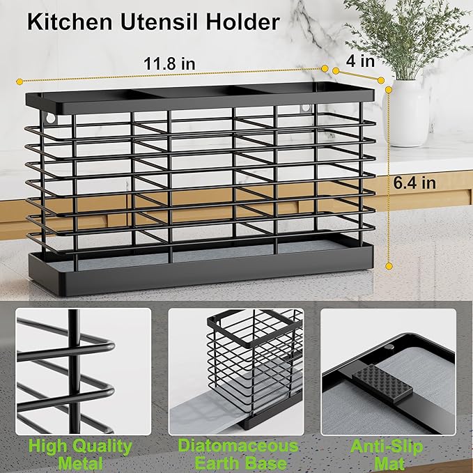 Utensil Holder for Kitchen Counter, Kitchen Utensil Holder for Countertop with Diatomaceous Earth Base, Large Cooking Utensil Organizer with 3 Compartments for Spatula Storage, Metal/ Black