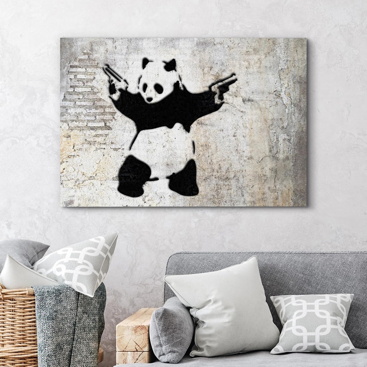 wall26 Canvas Print Wall Art Banksy Panda with Handguns on Wall Cities Animals Digital Art Modern Art Chic Scenic Expressive Dark Black and White for Living Room, Bedroom, Office - 16"x24"