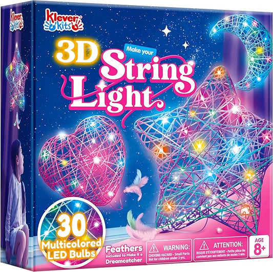 Klever Kits 3D String Art Kit for Kids, Light Up String Light Toy with 30 Multi-Colored LED Bulbs, Arts and Crafts Set, Bi...