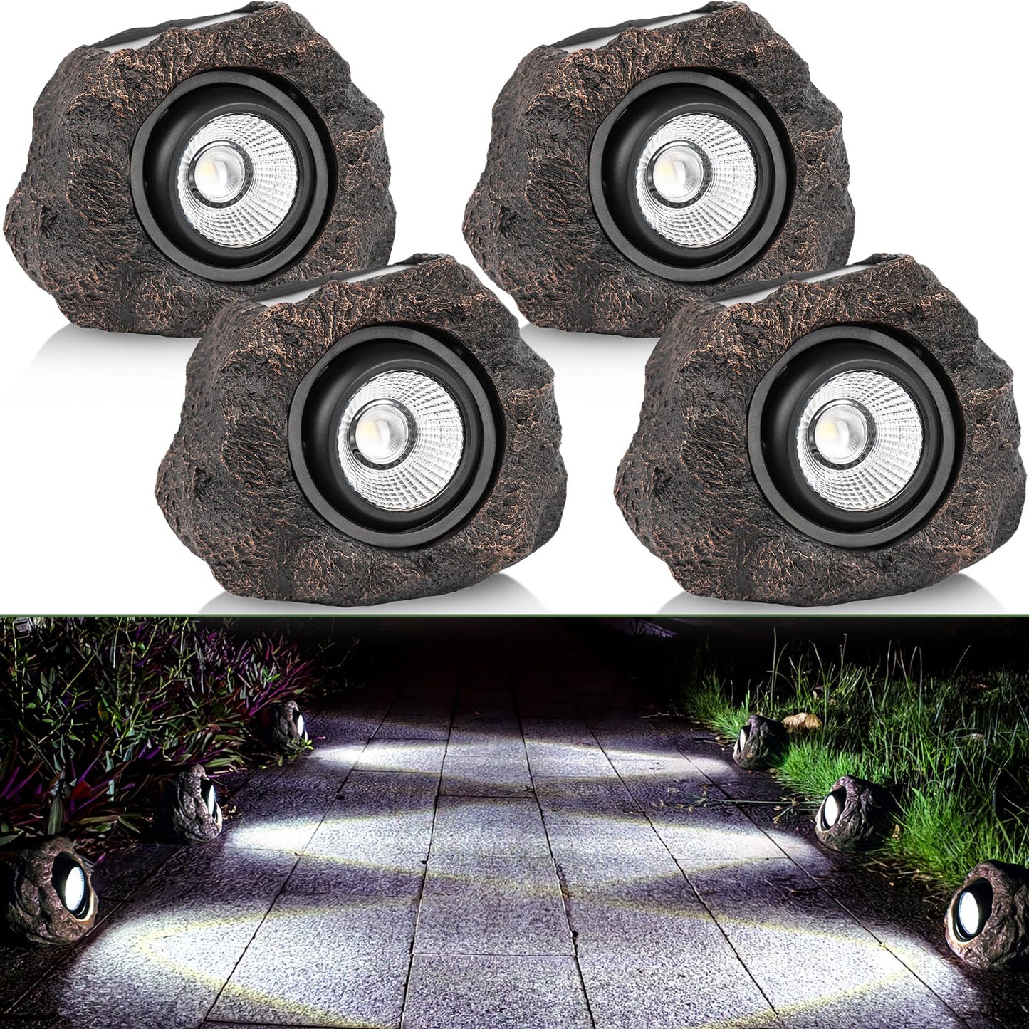 Candieslife Solar Garden Rock Lights - IP65 Waterproof LED Spotlight, 4 Pack, Bronze, Model CL-SGRL-4P