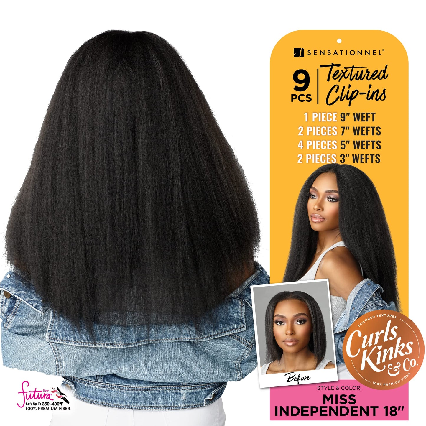 Sensationnel Curls Kinksandco Clip In - Miss Independent 18 Inch 9 Piece Pack Easy to Use Clips for Natural 3C to 4C Hair (1 JET