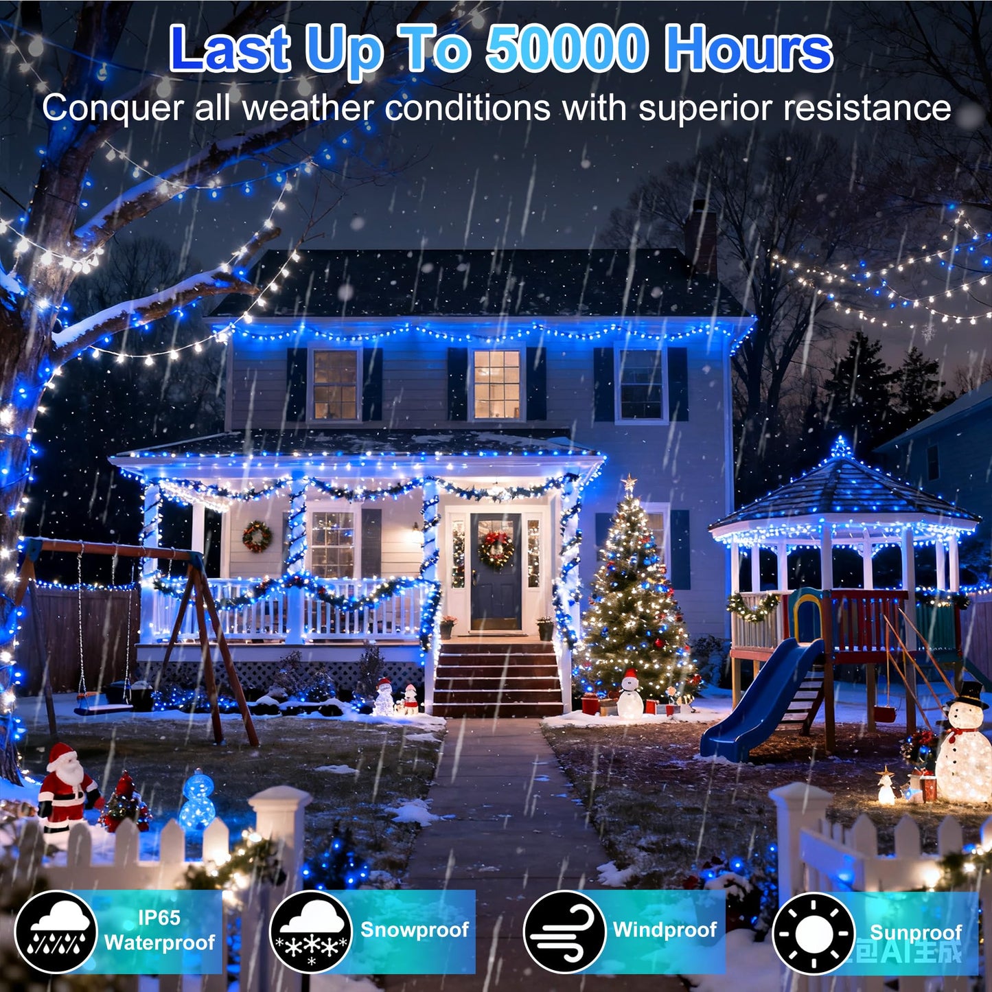 340 Led 90Ft Christmas String Lights Outdoor  12 Pro Modes And Timer Memory & Brightness  Plug In Waterproof Dark Green Wire Twinkle Light For For Xmas Yard Tree Wedding Party Decor (Blue & White)