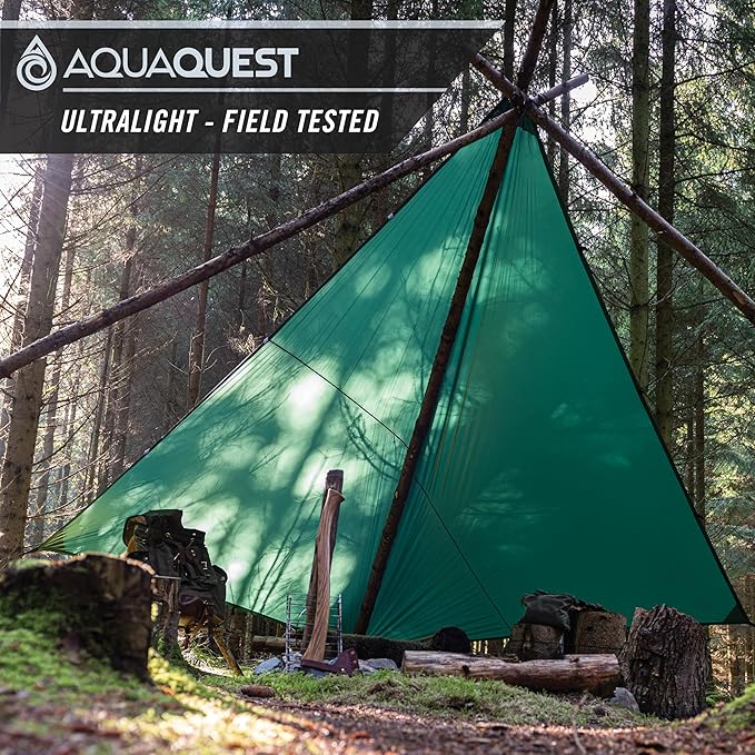 AquaQuest Guide Camping Tarp - Ultralight Tent Cover or Rain Fly - Waterproof Camping Gear Must Haves for Hiking, Hammock, Bivy & Survival, 15 x 15 ft, Forester Green