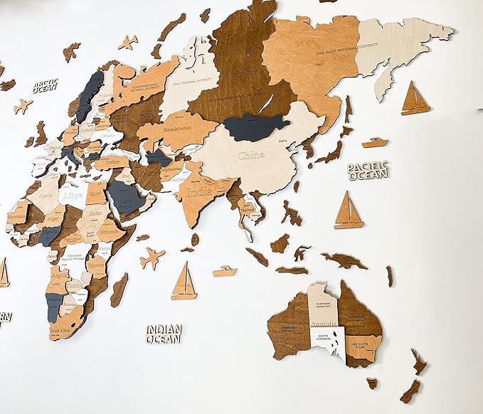 Wooden World Map 3D Art Large Wall Decor - Size (M, L, XL) Any Occasion Gift Idea - Wall Art For Home, Kitchen or Office