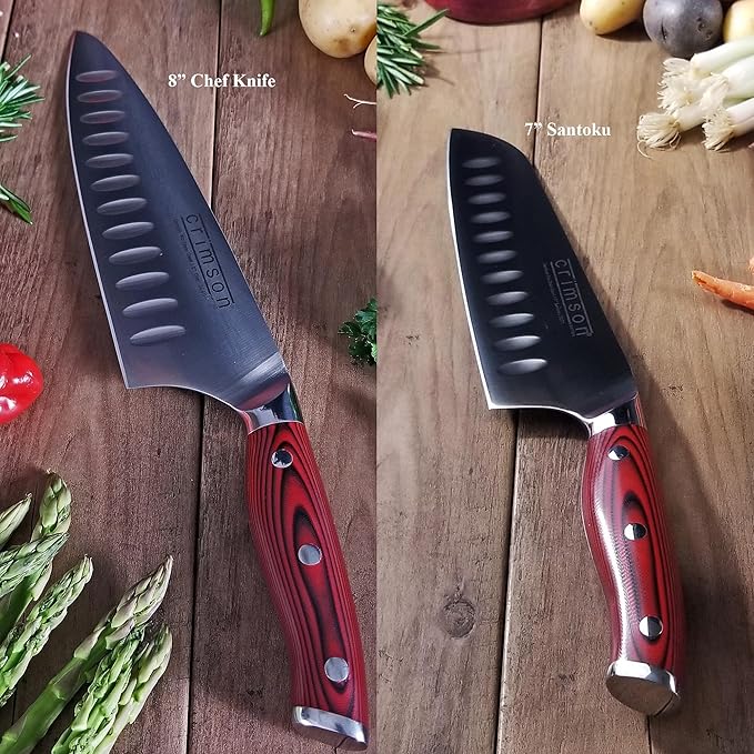 Ergo Chef Crimson Series Bamboo Block knife Set Forged High Carbon X50CrMoV15 German Stainless-Steel, Full Tang, G10 Handles (16pc. Block Set)