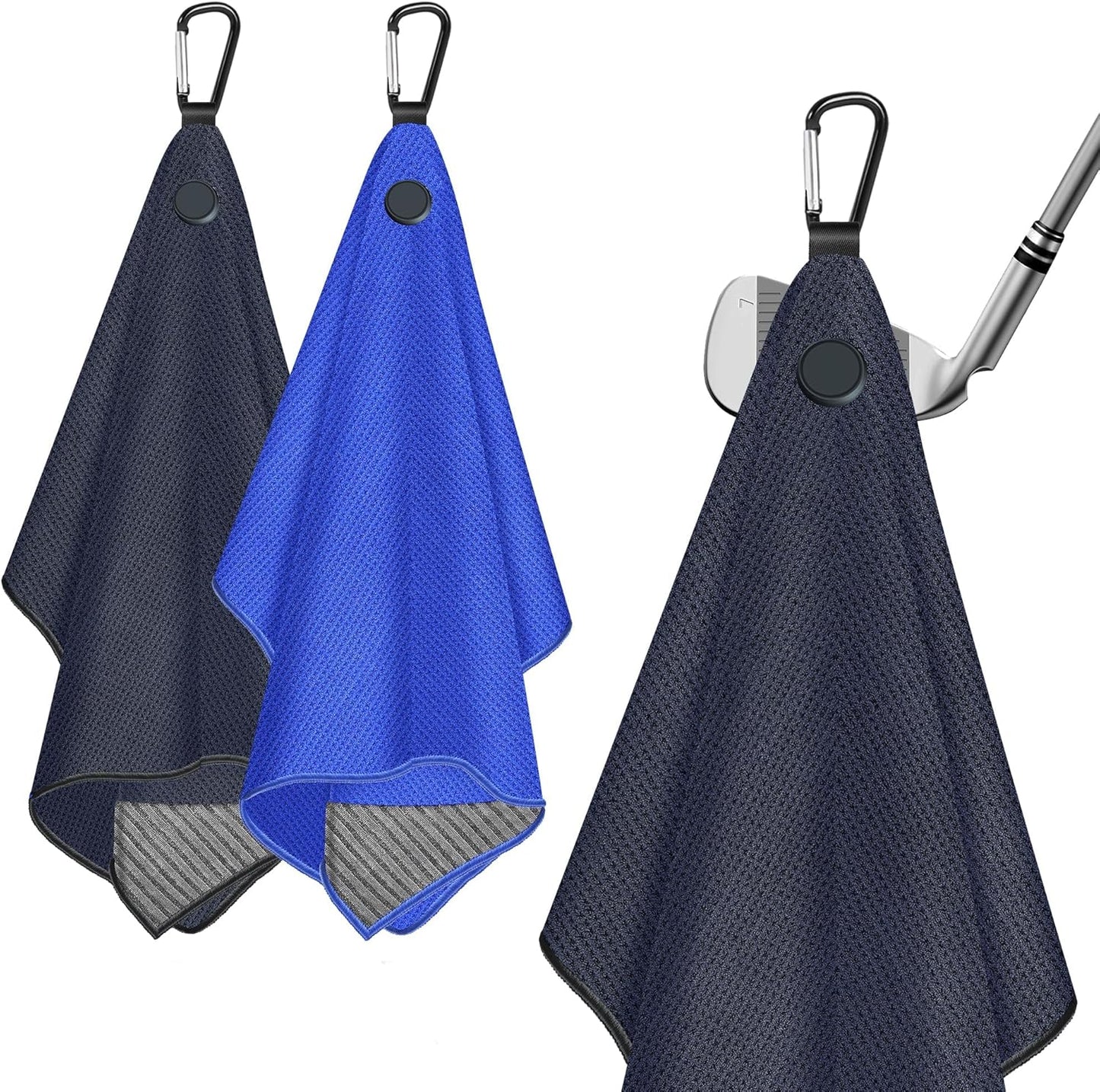 2 Pack Magnetic Golf Towel for Golf Bags with Clips, Wire Cleaning Cloth, Ultra Absorbent Microfiber, Waffle Pattern Golf Towel with Magnet for Men Women, Golf Accessories for Golf Carts or Clubs