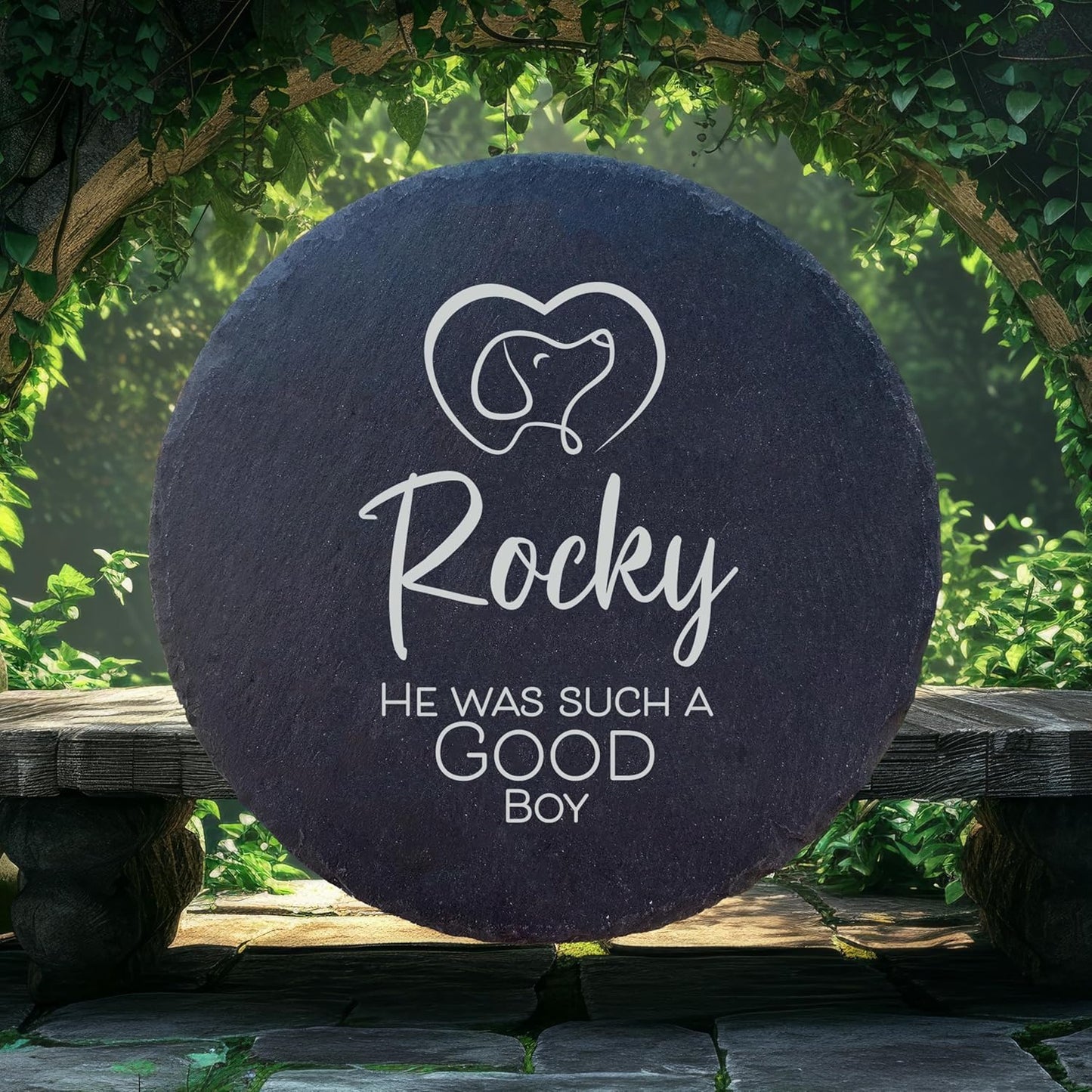 Personalized Pet Memorial Stone for Dogs and Cats | Custom Laser-Etched Weatherproof Garden Grave Marker | Natural Stone Bereavement Headstone Sympathy Gift | 4, 6, 10, or 12 Inch Heart or Circle Shape (A10)