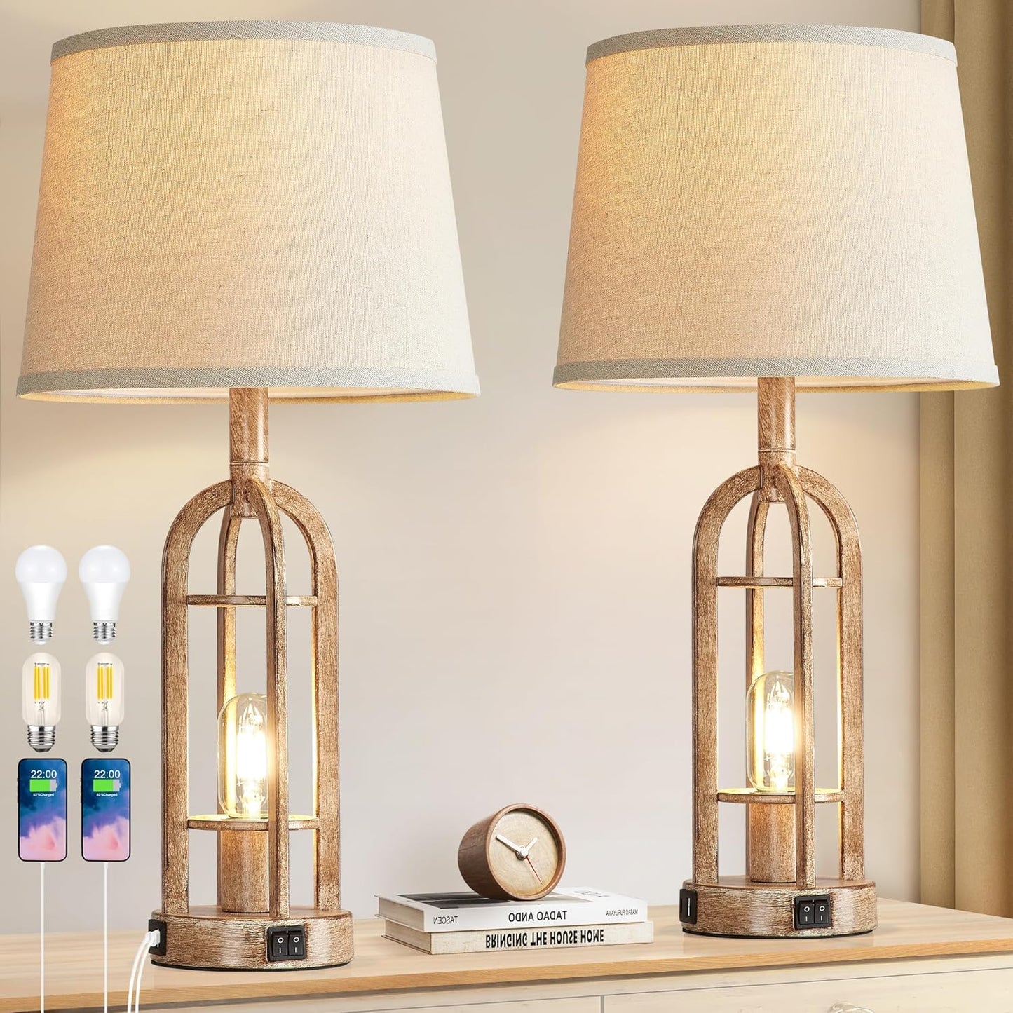 Table Lamps for Living Room End Table Set of 2 - Rustic Farmhouse Bedside Lamps for Bedroom Nightstand with Nightlight and USB A+C, 4 Bulbs Included