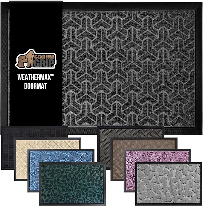 GORILLA GRIP 100% Waterproof All-Season WeatherMax Doormat, 47x35, Durable Natural Rubber, Stain and Fade Resistant, Low Profile, Indoor Outdoor Door Mats, Easy Clean Patio Entry Mat, Slate Geometric