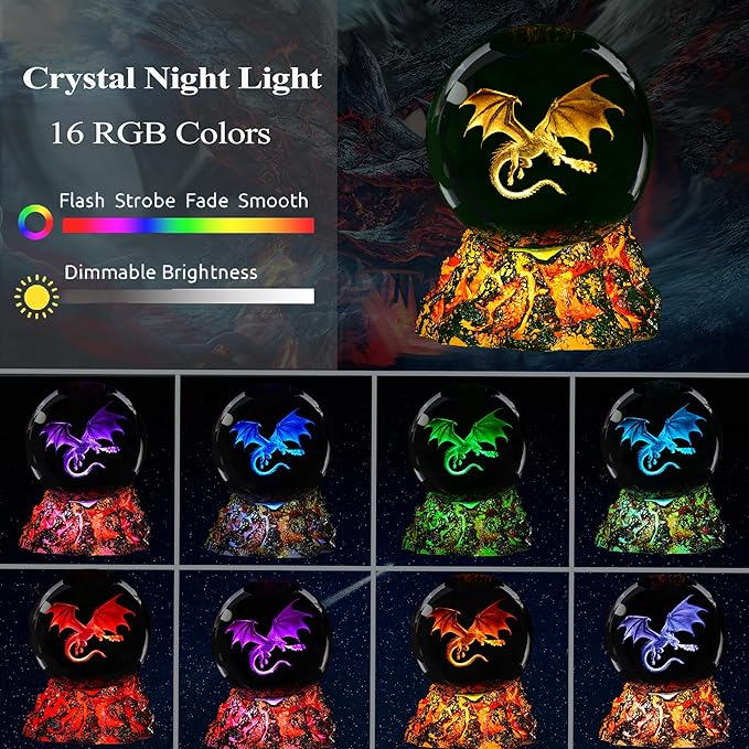 Dragon Night Light, 3.15 Inch (80mm) K9 Crystal Upgraded Volcanic Lava Base 3D Lamp with Remote 16 Color for Birthday Xmas Cool Figurines Dragon Gifts for Room Decor Boys Girls