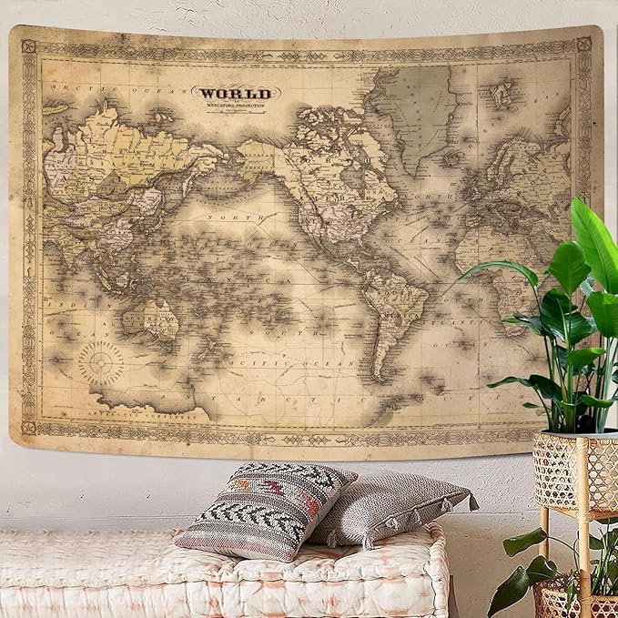GOAOK Retro Old World Map Tapestry, Vintage Map Asian Northern European Topography Earth Educational Tapestry for Classroom, Brown Adventure Travel World Map Office Tapestry Wall Art 80"X60"