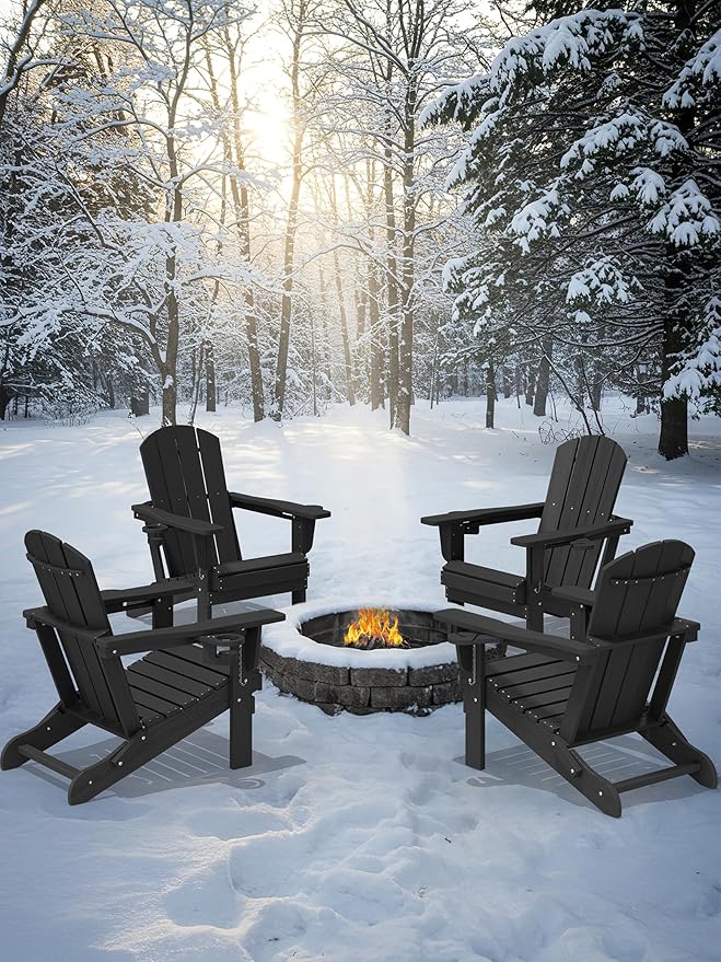 KINGYES Folding Adirondack Chair Set of 8, Dual Cup Holders & All-Weather HDPE, Wood-Like Patio Chair for Backyard, Camping, Pool & Fire Pit, Black