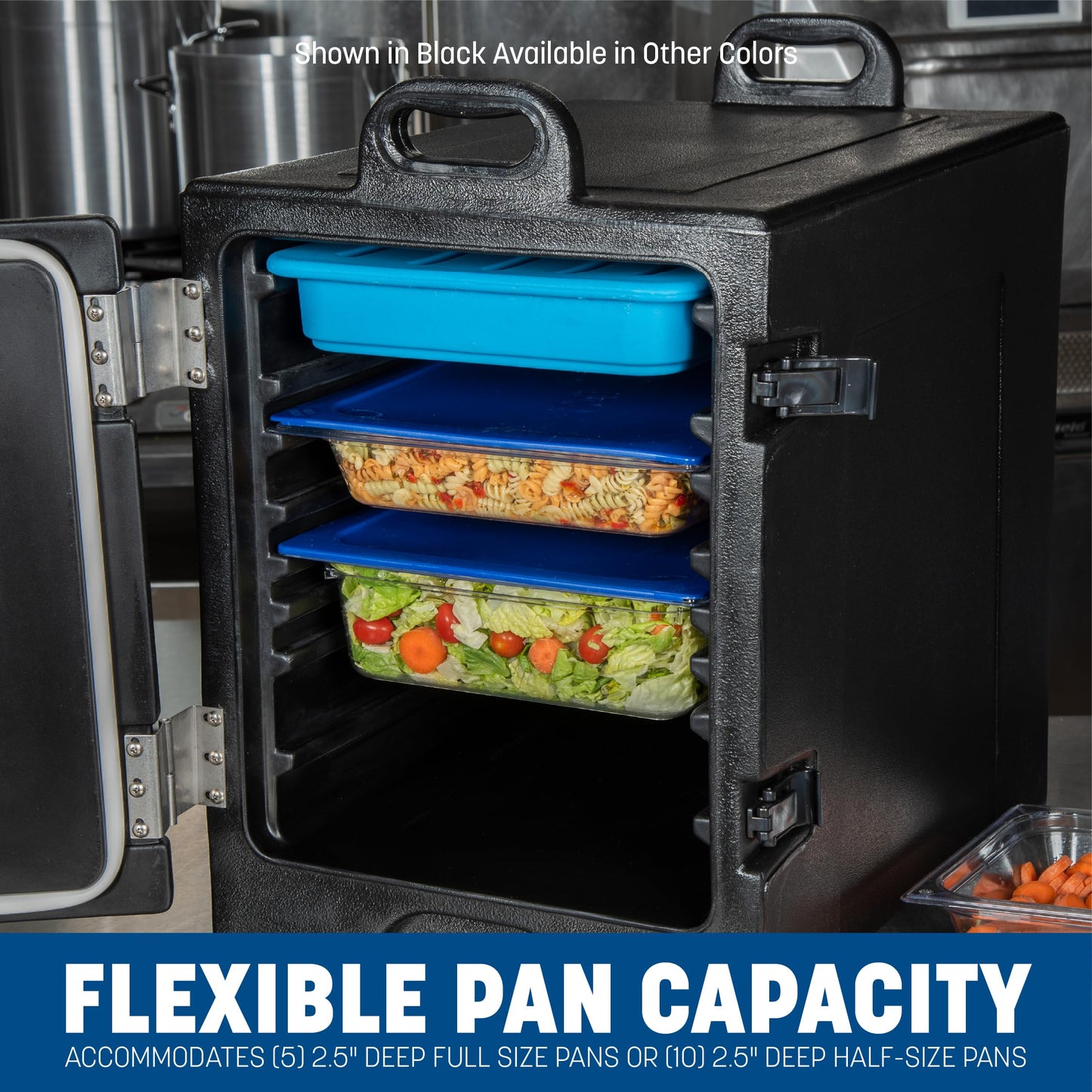 Carlisle FoodService Products Insulated Food Pan Carrier and Warmer, Front-Loading with Handles, Holds 5 Full or 10 Half 2.5" Pans (Sold Separately) with Rugged PE Shell and PU Insulation, Black