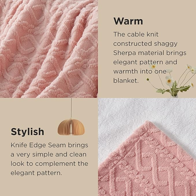 Bedsure Sherpa King Size Blanket for Bed- GentleSoft Fleece Fluffy & Cozy Cable Jacquard Tufted for Women Gift, Thick and Warm Blankets for Winter, Pink, 108x90 Inches