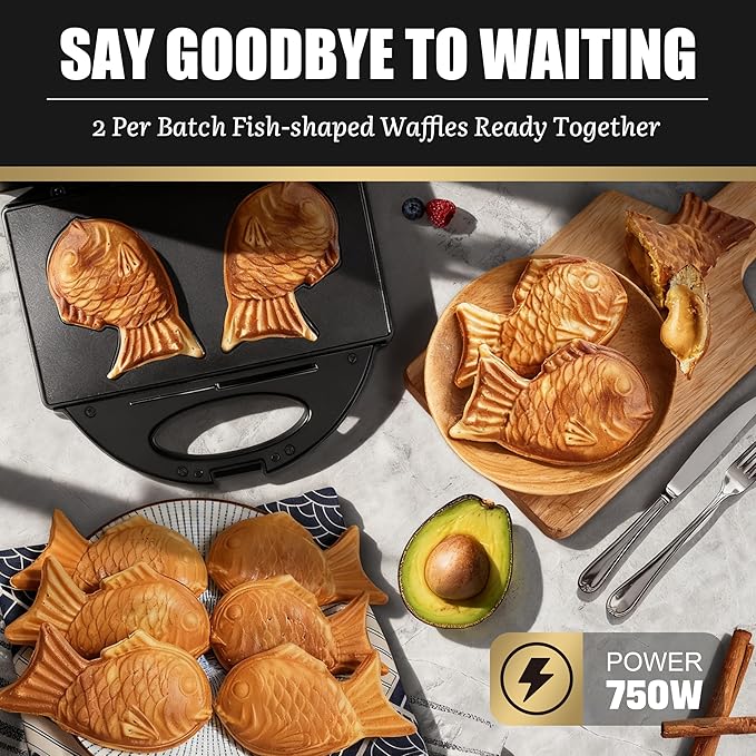 Taiyaki Fish Waffle Maker Machine with Non Stick Cooking Plate, Electric Japanese Fish Shaped Waffle Iron Pan, Korean Bungeoppang Pan, Recipe Included