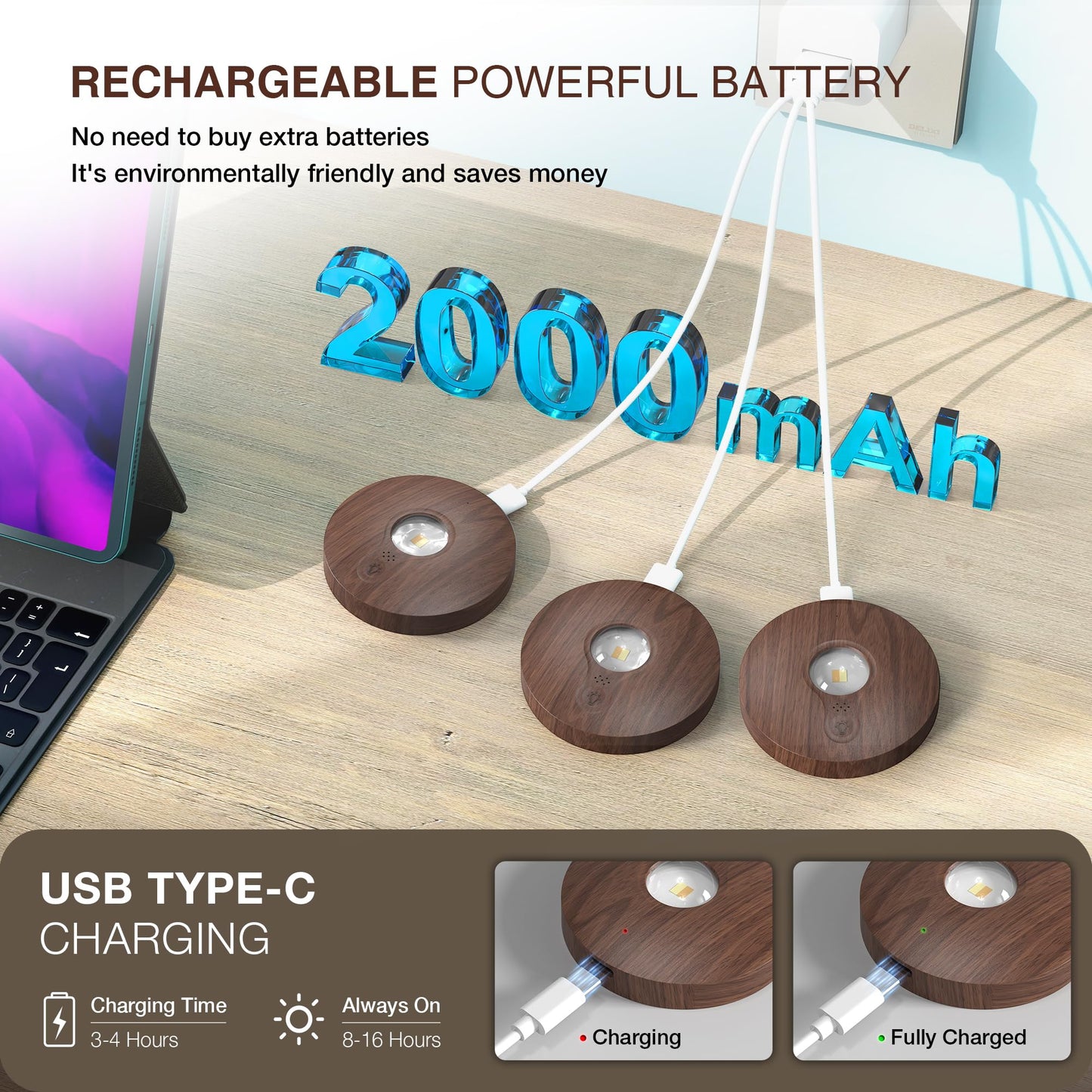 UNUSROOM Rechargeable Puck Lights, LED Under Cabinet Lighting, Dimmable, Wireless, Dark Wood, Model T065