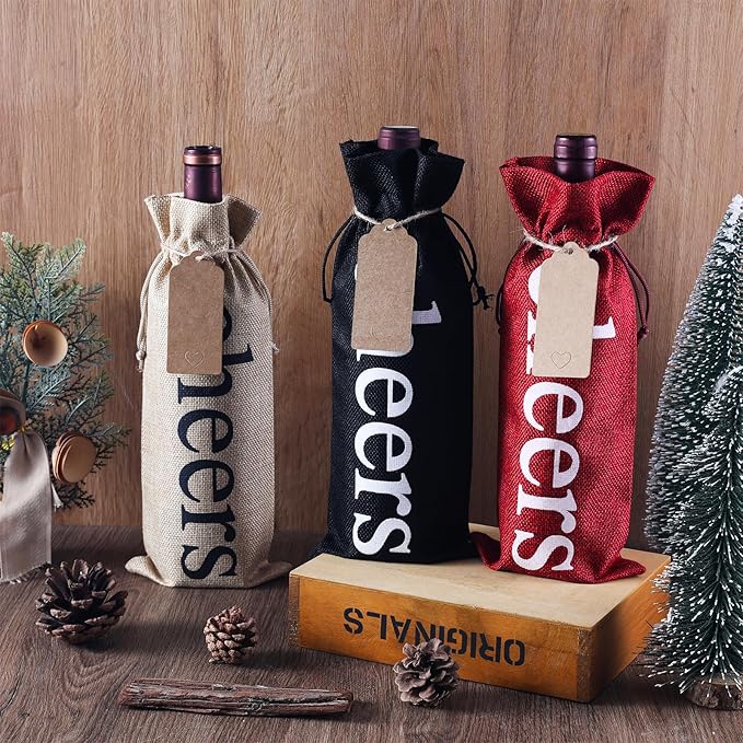 SIRIPHUM Burlap Wine Bags and Gift Tags, Wine Bottle Gift Bags with Drawstrings,Wine Bags Gift for Travel, Wedding, Holiday Party,Birthdays,Housewarming and Dinner Party (Natural-12PCS)
