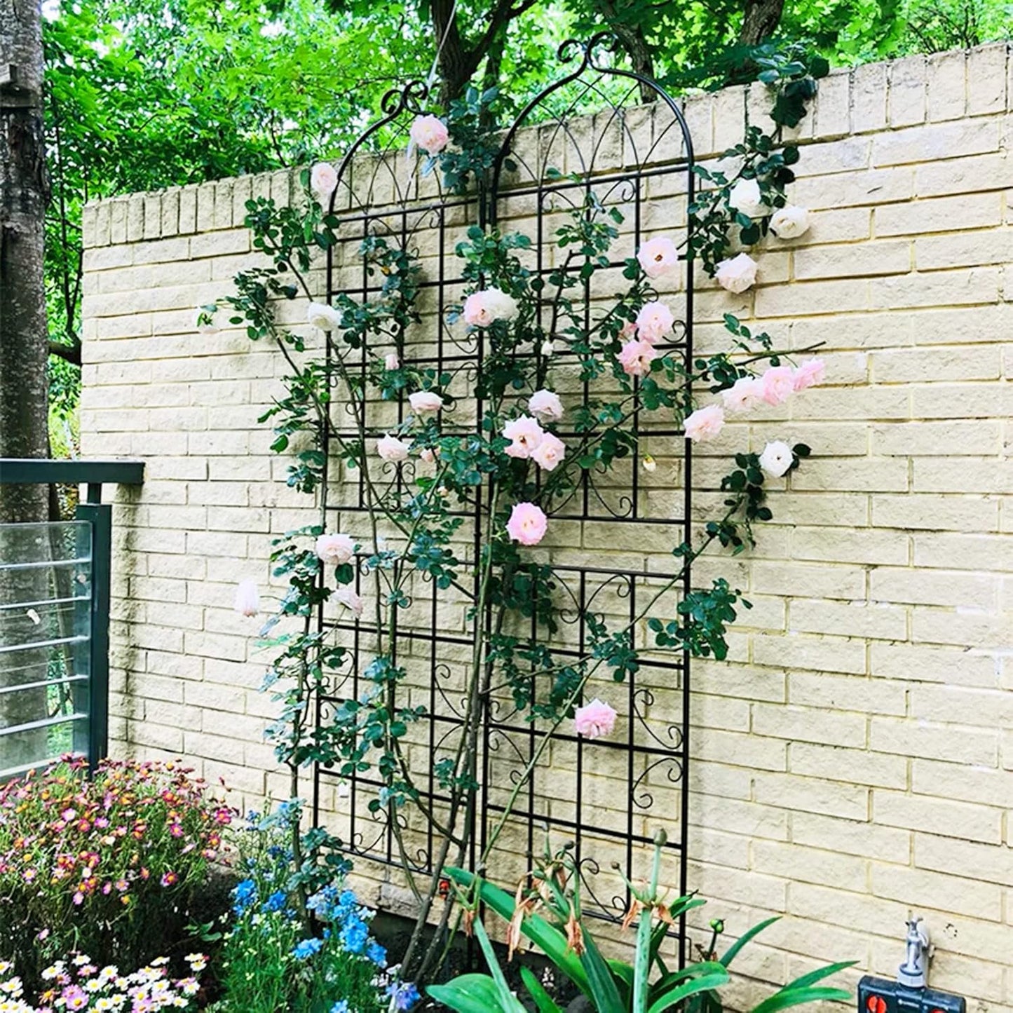 8 Pack Metal Garden Trellis for Climbing Plants, 86.7" Tall Rustproof Outdoor Trellis Panel with Vine Design, Decorative Black Iron Plant Support for Vine, Rose, Flower, Garden Wall