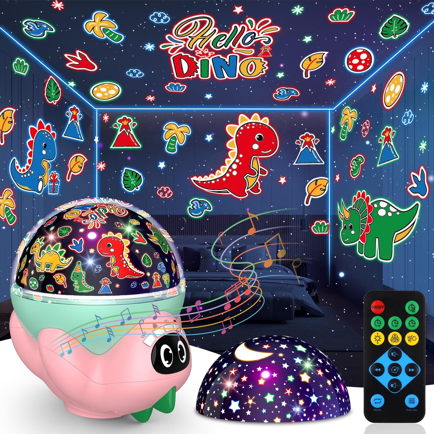 MOKOQI Dinosaur Night Light Projector, Remote Control, 10 Soothing Music, High Brightness, Pink2-Dino, Model 012-2309