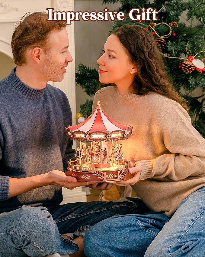 Rolife Wooden 3D Puzzles for Adults, DIY Carousel Music Box with Chaser Lights 11.6" Model Building Kit, Construction Project Craft Kits for Adults Hobby Home Decor Chiristmas Gifts for Boys Girls