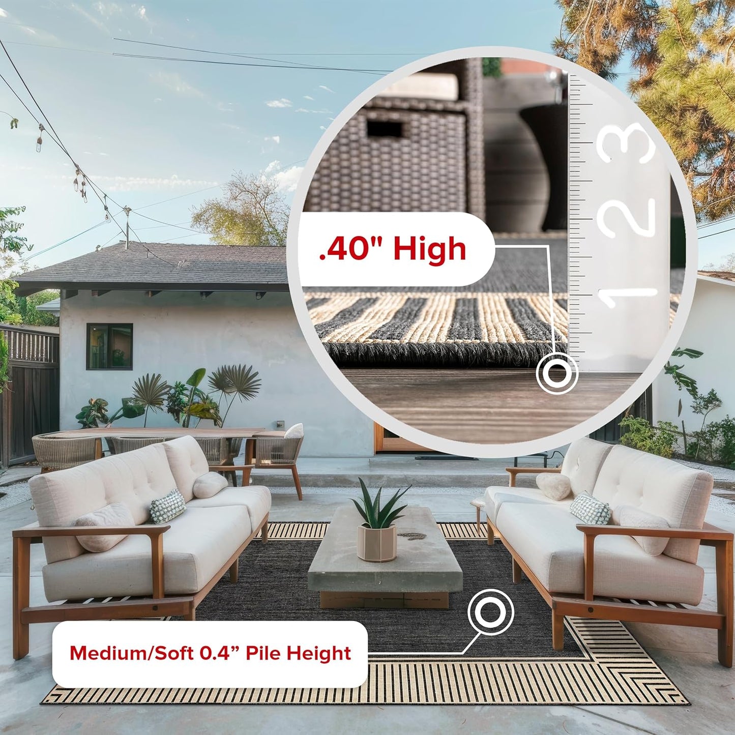 nuLOOM 6'7" Round Outdoor Area Rug, Casual Design With Striped Border, Stain Resistant, Highly Durable, For Patio, Balcony, Bedroom, Living Room, Dining Room, Bathroom, Dark Grey