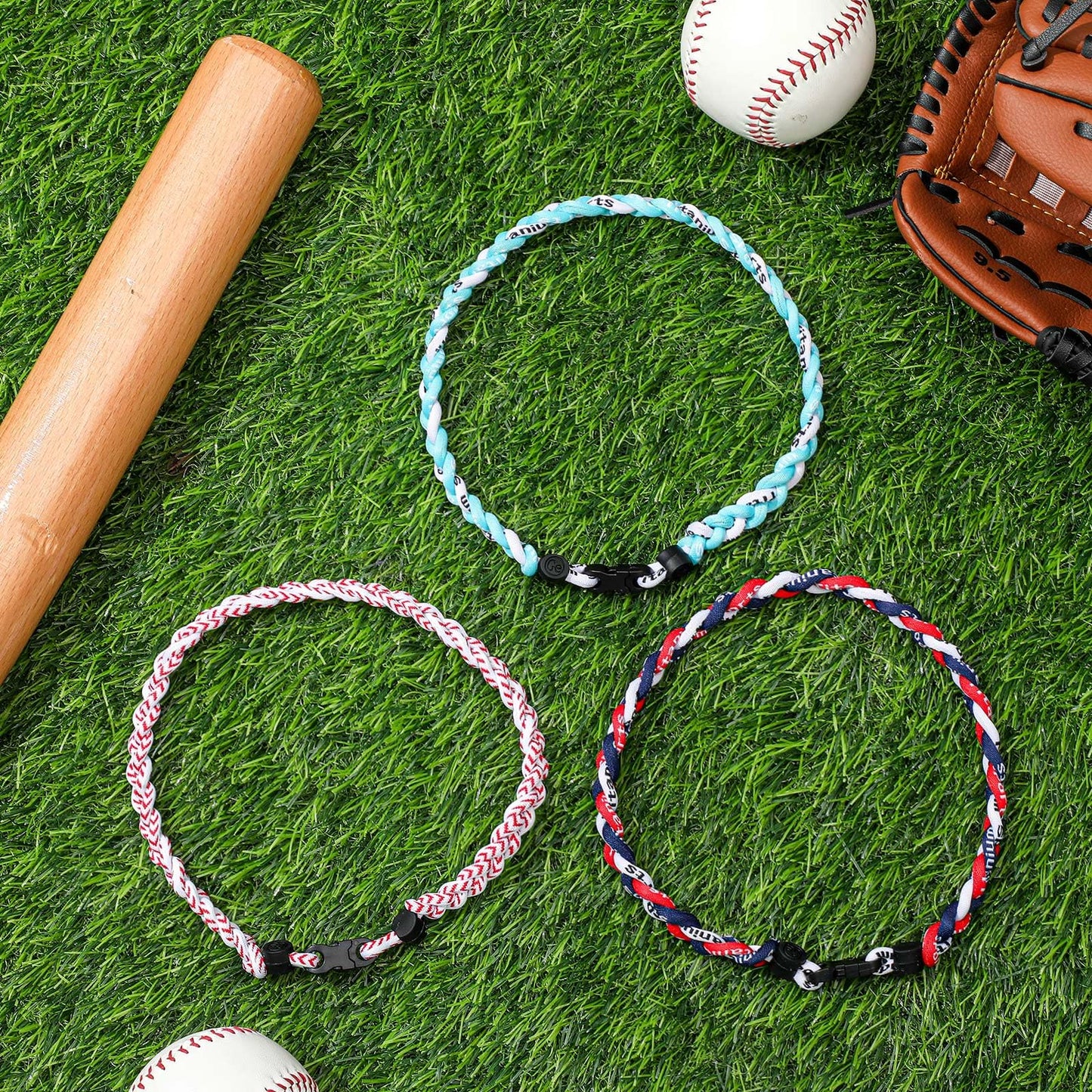 Junkin 3 Pcs Baseball Necklaces Three Braided Rope Titanium Necklace for Team Gifts Boys Men Player Softball Fans Sports (Simple