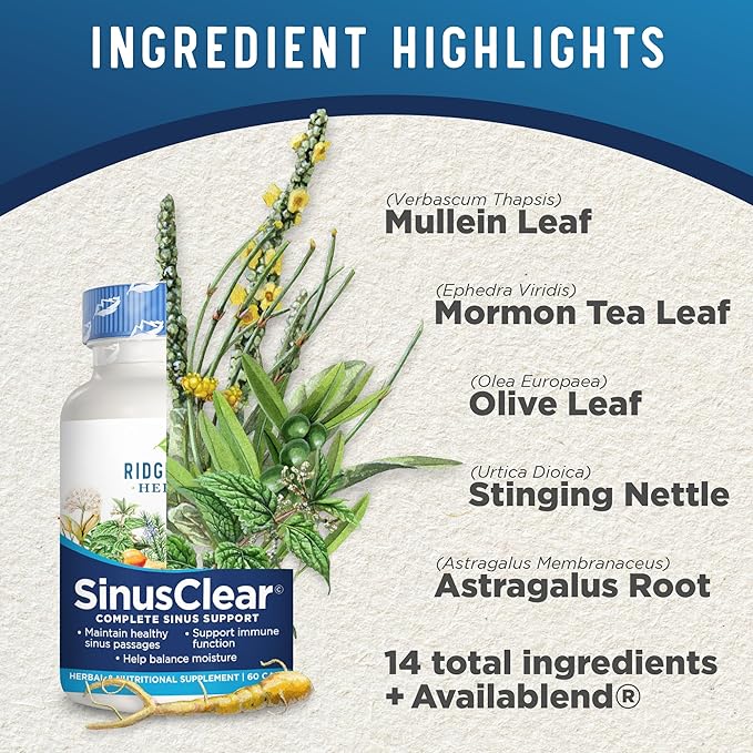 RidgeCrest Herbals SinusClear, Complete Formula for Sinus and Nasal Health with Mullein Leaf, Bromelain, Vitamin C, and Zinc, for Healthy Mucus, Immune & Respiratory Support, (60 Veg Caps, 30 Serv)