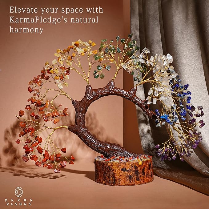 KARMAPLEDGE 7 Chakra Crystal Tree of Life for Home, Office Desk Decor, Handmade Bonsai Trees for Positive Energy, Money, Good Luck Birthday Gifts for Women, Mom