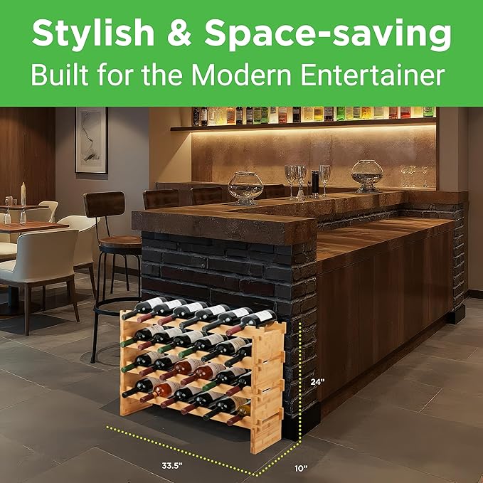 NutriChef Magnum Oversize 24 Bottle Stackable Modular Wine Rack, Upgraded 1” Thick Sideboard, .5” Rack Sticks, Sturdy Wobble Free Natural Bamboo Construction with Anti Moisture Protective Finish